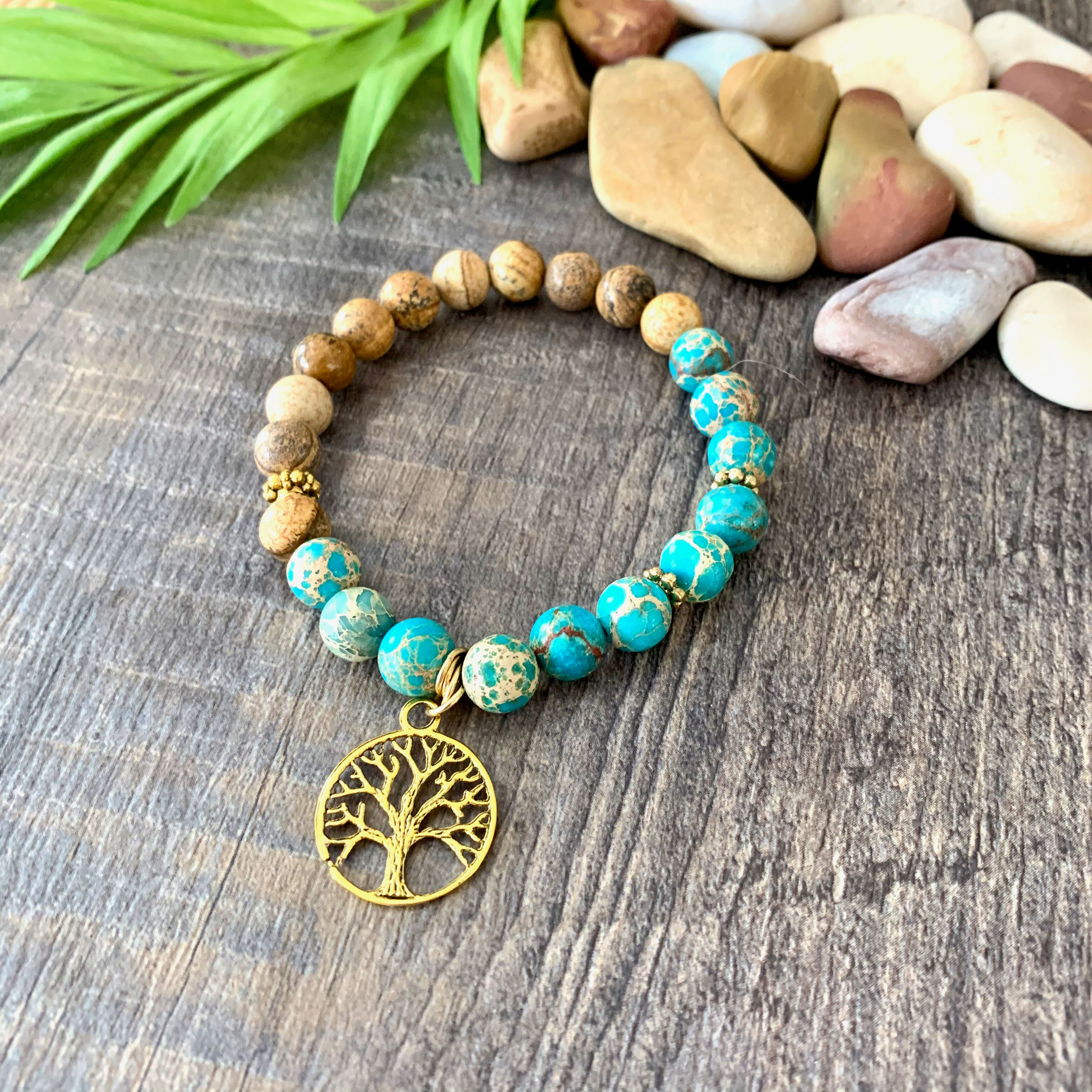 Blue Imperial Jasper + Picture Jasper Gemstones w Gold Tree of Life Charm + Gold