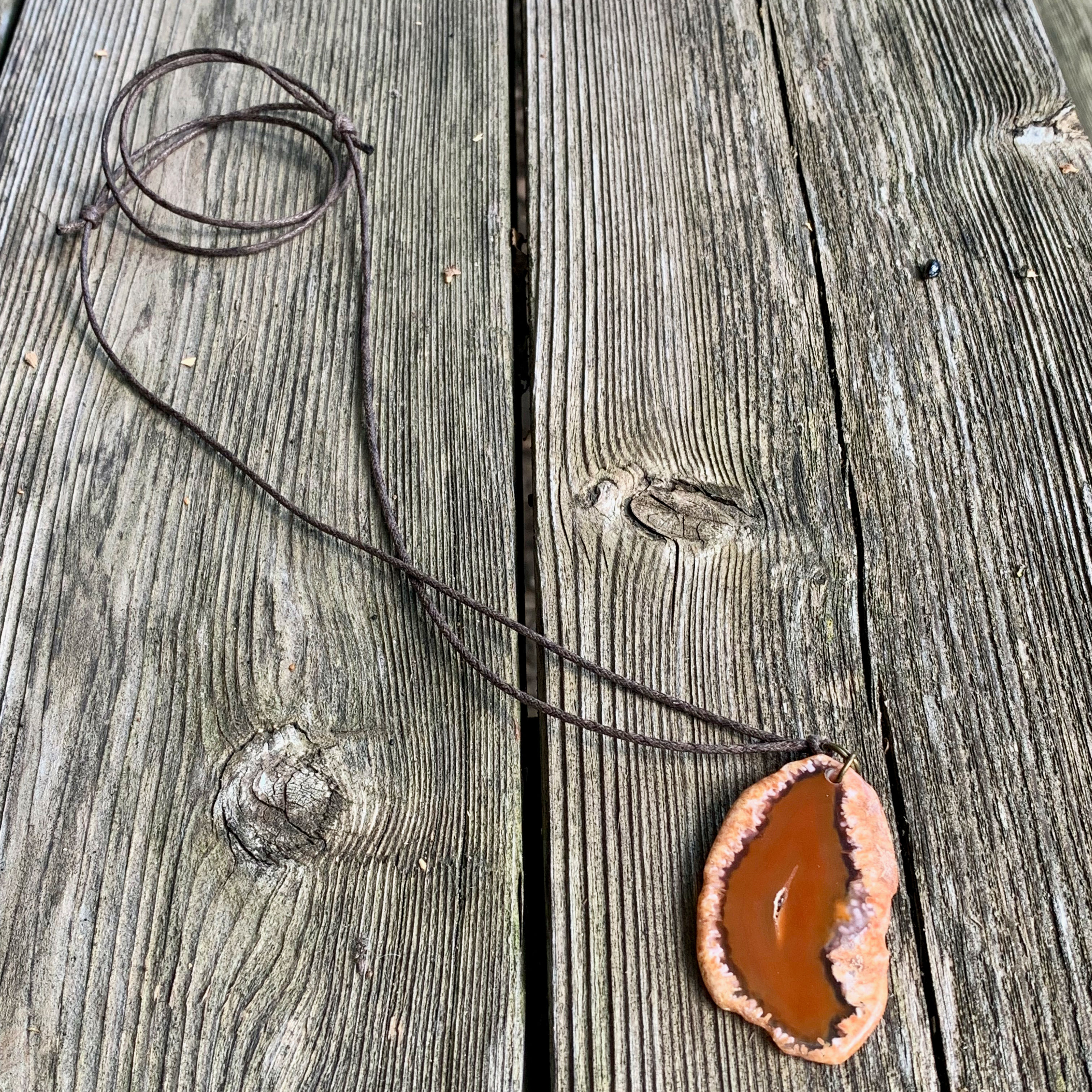 Agate Gemstone Slice Pendant Necklace on Brown Cotton Cording
