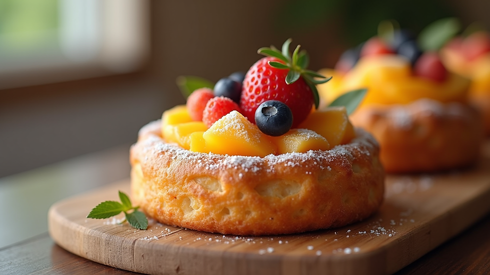Close-up view of a beautifully decorated pastry with fresh fruits