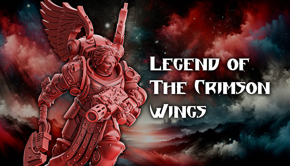 A miniature for wargame with an axe, wearing armor, holding a blaster and axe and carrying a backpack with wings on a black-red-gray background. Inscription on the right in white LEGEND OF THE CRIMSON WINGS