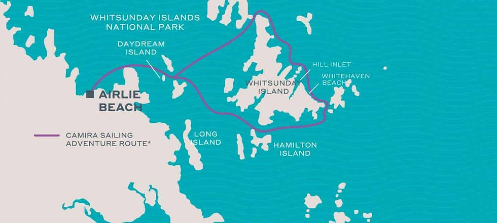 Map of Airlie Beach and the Whitsunday Islands in Queensland, Australia, showing Whitehaven Beach and Hamilton Island