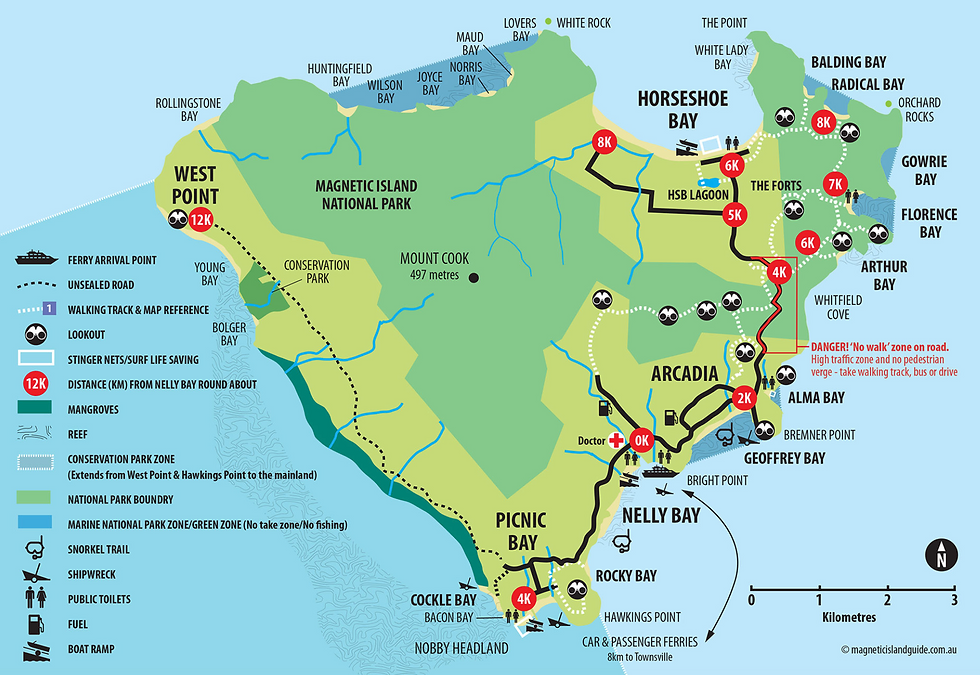 Map of Magnetic Island showing Nelly Bay, Horseshoe Bay, and the main beaches