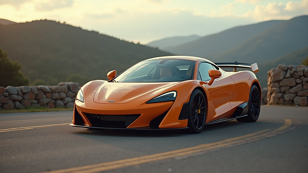 Eye-level view of a McLaren sports car parked in a scenic location