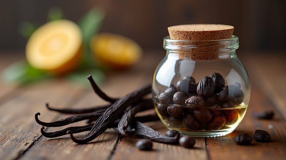 Eye-level view of vanilla beans and a glass jar for extraction