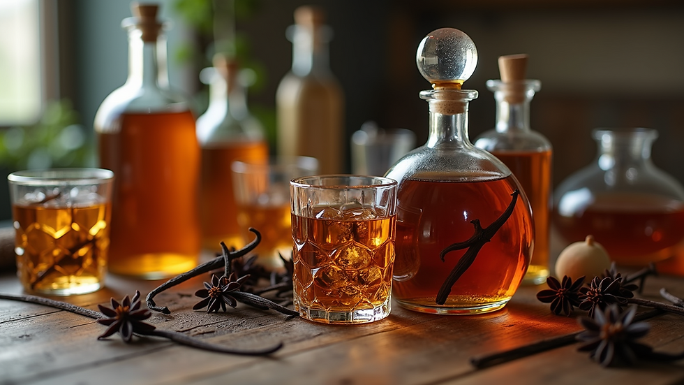 High angle view of various types of alcohol for vanilla extraction