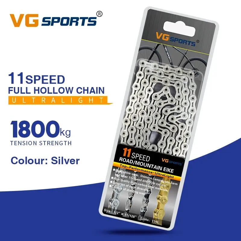 Miniature : Chaîne Vélo VG Sports Ultralégère 8-12V, Argentée, Semi/Full Creuse, 116L