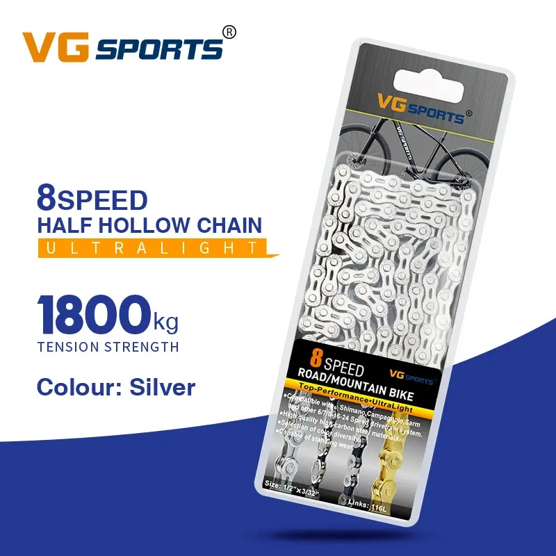 Miniature : Chaîne Vélo VG Sports Ultralégère 8-12V, Argentée, Semi/Full Creuse, 116L