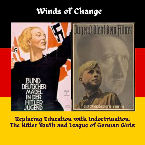Nazi propaganda posters of youth with swastikas, titled "Winds of Change." Text: "Replacing Education with Indoctrination."