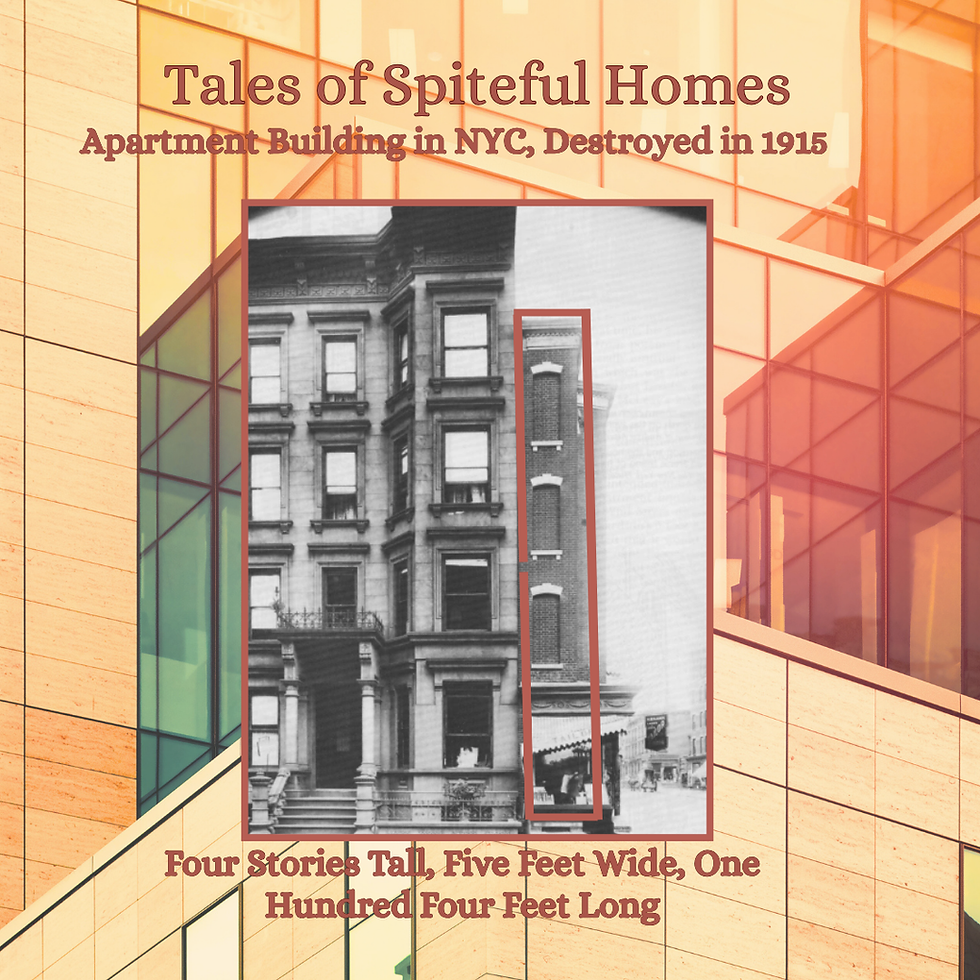 Sepia-toned image shows a narrow, four-story NYC apartment, highlighted red. Text: "Tales of Spiteful Homes," and building dimensions.