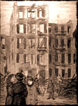 two women standing before the ruins of the Shirtwaist Factory Fire