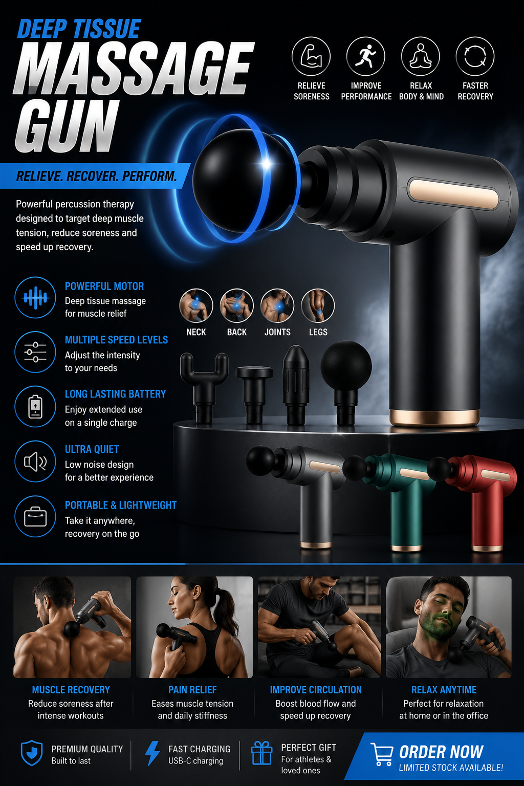 Electric massage gun, 4-piece deep tissue percussion massage tool, relaxes muscl