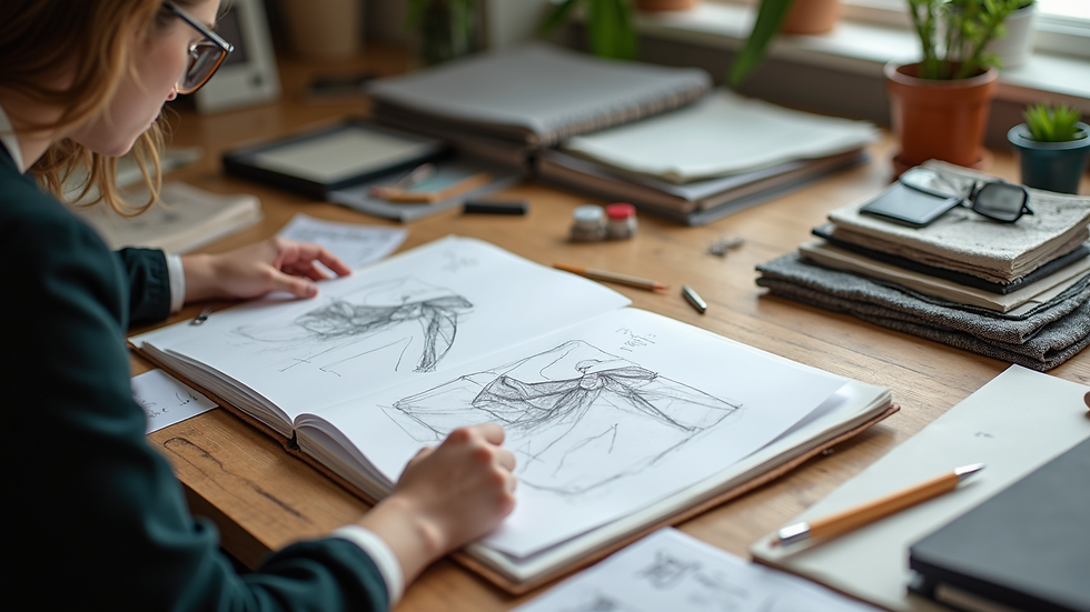 High angle view of a designer workspace filled with sketches and fabric swatches