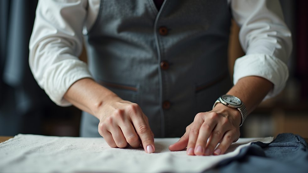 Eye-level view of a tailor measuring fabric for custom clothing