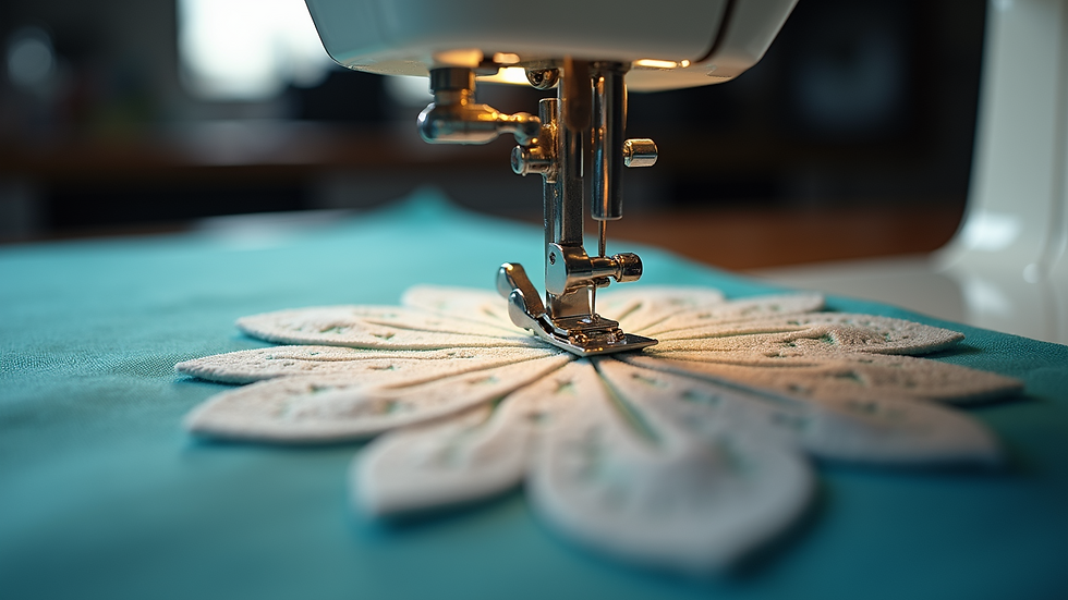 Close-up view of a sewing machine stitching a unique fabric pattern