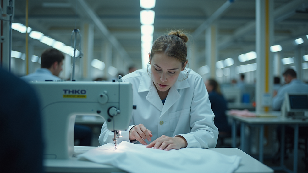 High angle view of quality control inspection in a garment factory