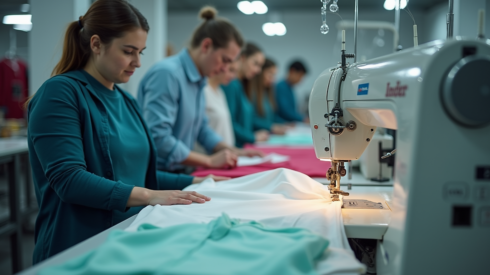 High angle view of a clothing production line with custom garments