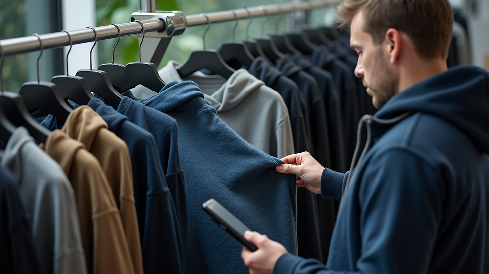 High angle view of a designer reviewing hoodie samples with a manufacturer