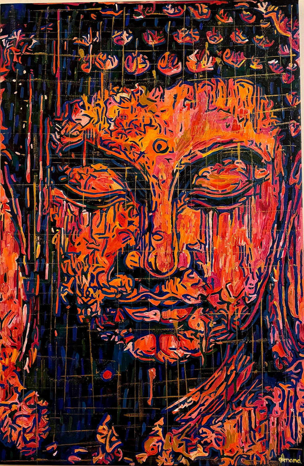 Buddha face – with reds – and streaks of Gold