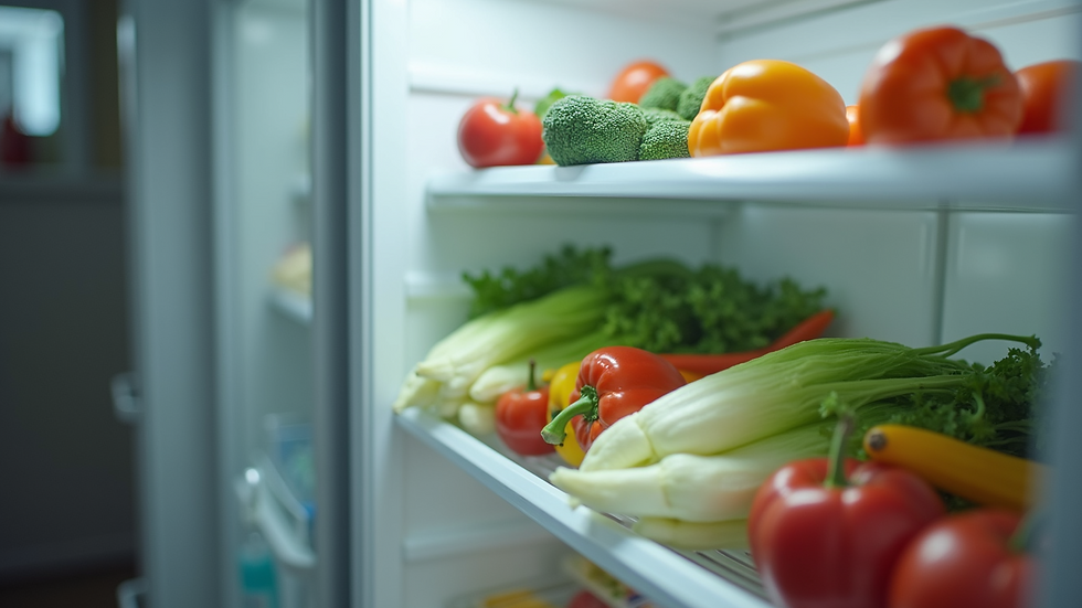 Close-up of a Beko refrigerator door with fresh vegetables inside