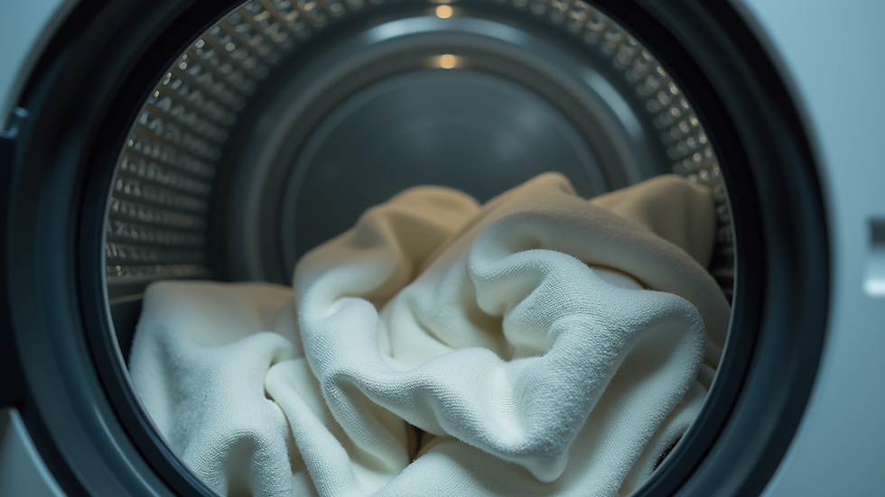 Close-up view of a tumble dryer drum spinning with clothes inside