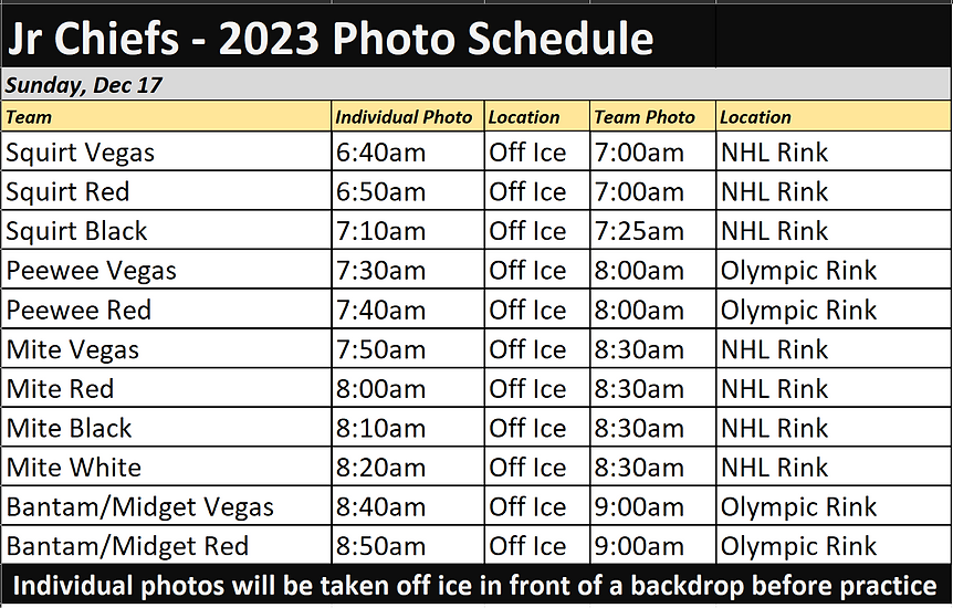 Jr Chiefs - 2023 Photo Schedule