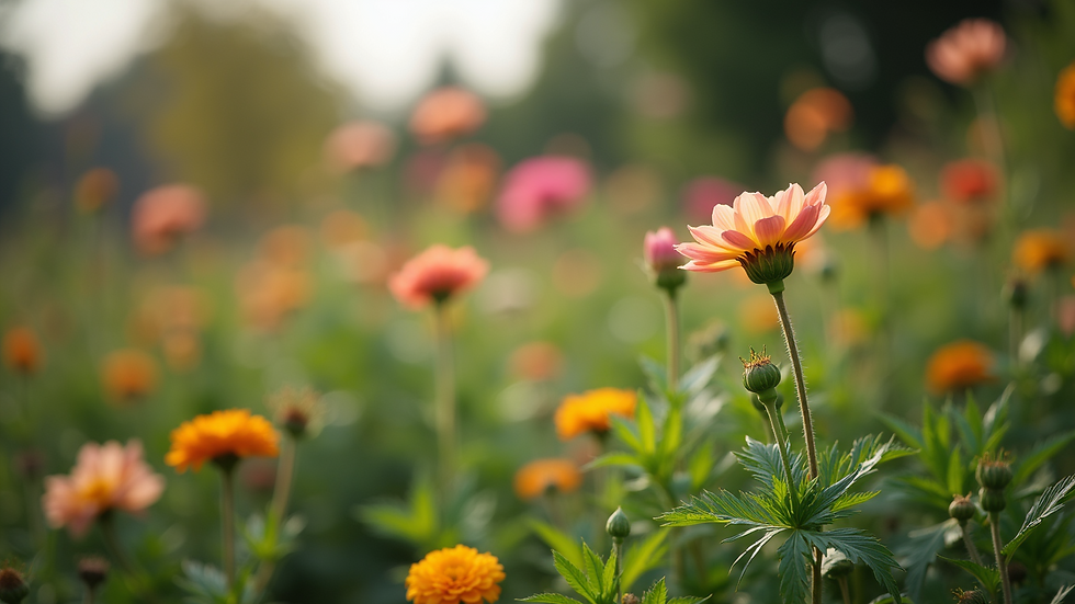 Eye-level view of a community garden with blooming plants