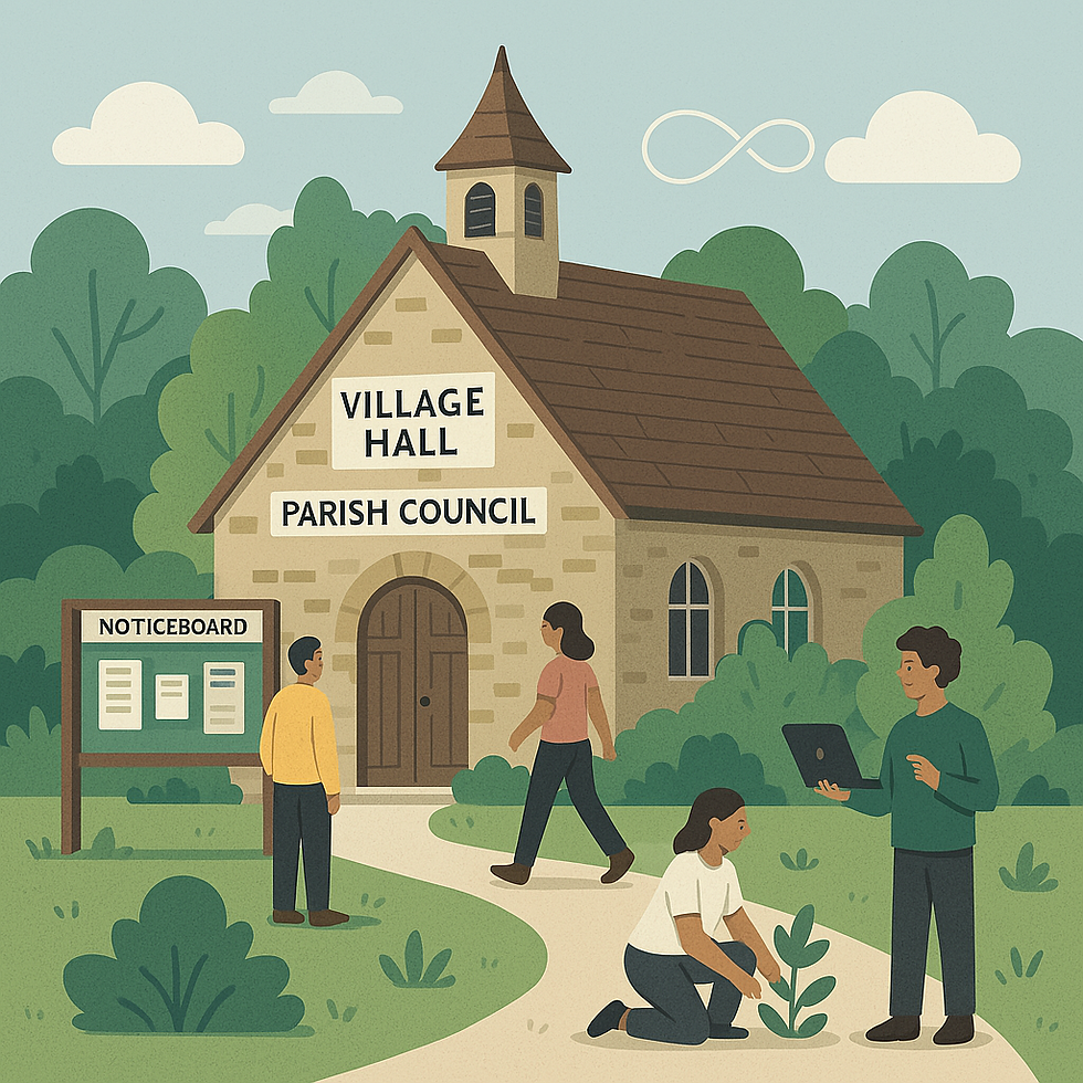 Cartoon image of a parish council village hall with people working on a laptop