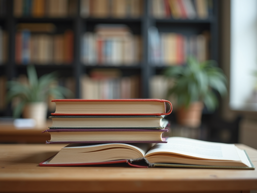Eye-level view of educational books stacked on a wooden desk