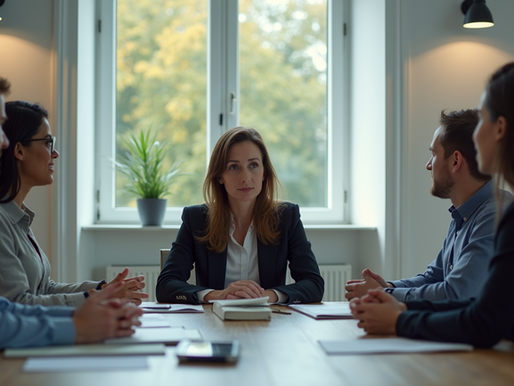 Eye-level view of a group meeting with individuals discussing career goals.