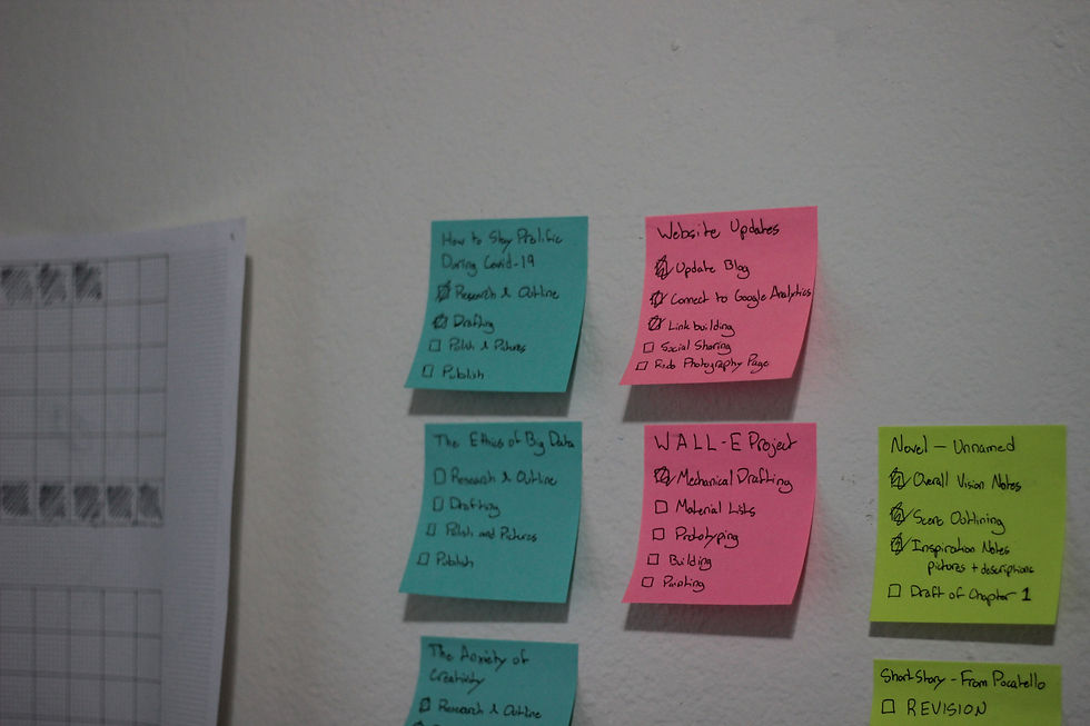 post it notes on wall helping a writer stay productive during shelter in place