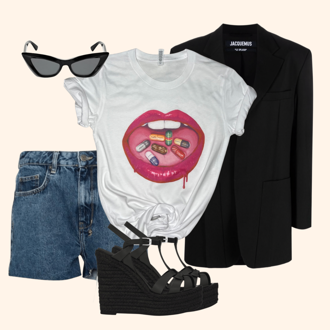 Flat lay outfit with Fashion Addict tee, wedge heels, denim shorts, and cat-eye sunglasses