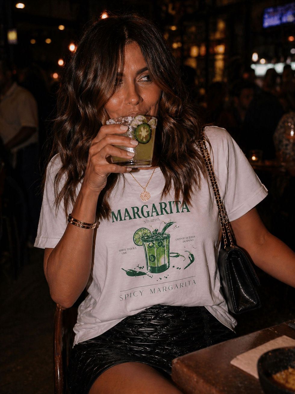 Spicy margarita graphic tee close up with woman holding margarita drink, casual girls night outfit