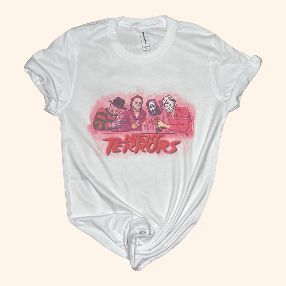 White Night Terrors graphic tee with villain illustration and bold red lettering, Halloween shirt.