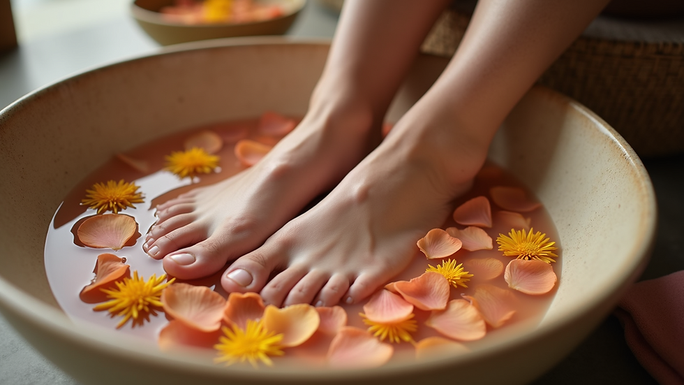 Close-up view of a foot soaking bowl with warm water and flower petals