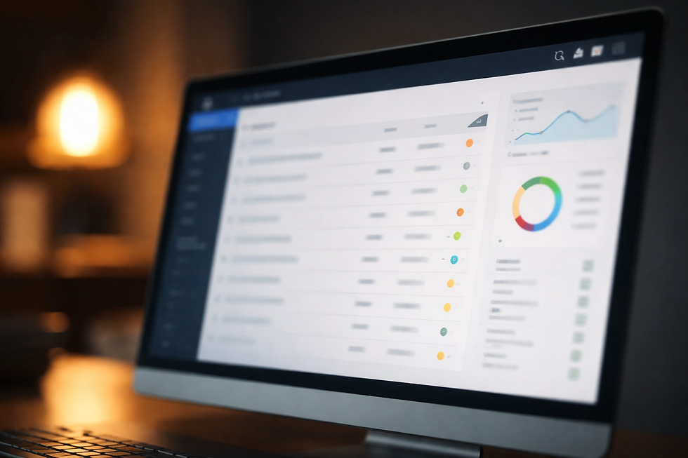 Close-up of a computer screen displaying a UI dashboard with various text entries. The setting is a dimly lit room with a warm bulb in the background.
