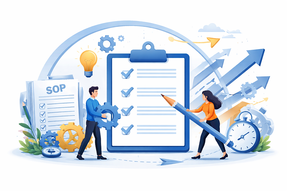 Team reviewing SOP checklist to drive agility and scale