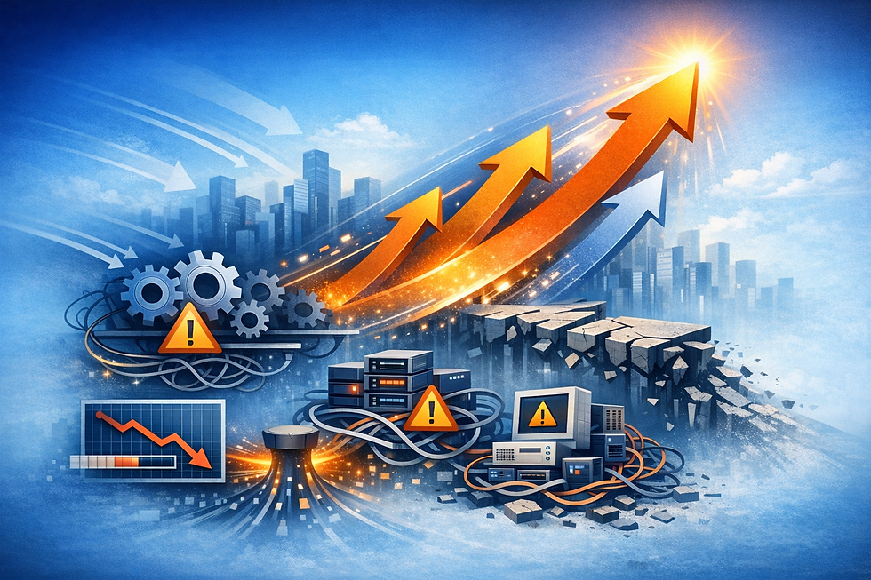 Upward growth arrows outpacing strained systems and infrastructure, illustrating an operating model struggling to scale.