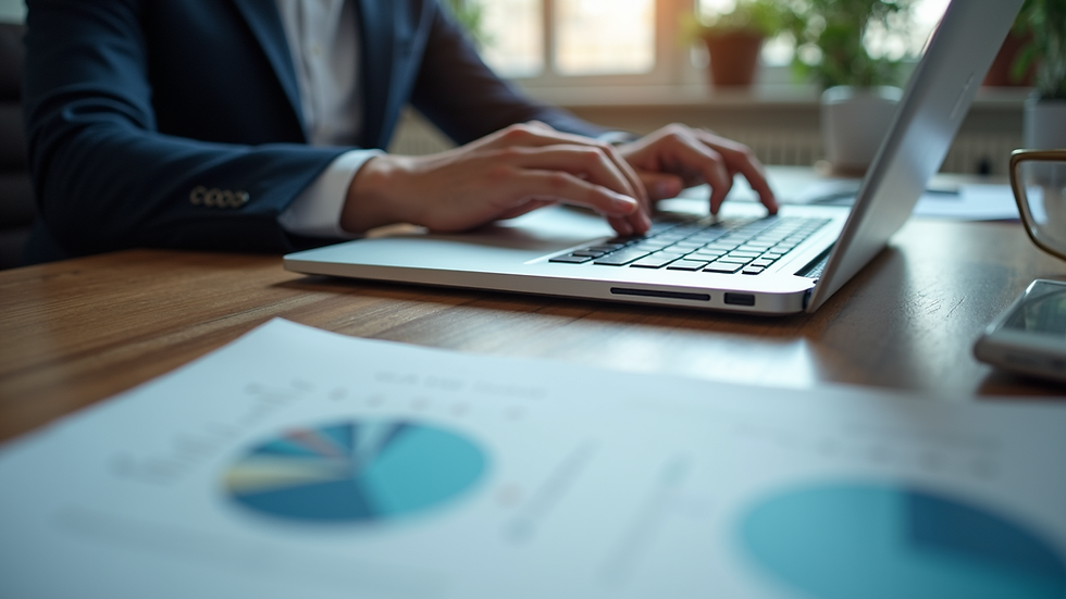 Eye-level view of a business meeting with charts and graphs on a laptop