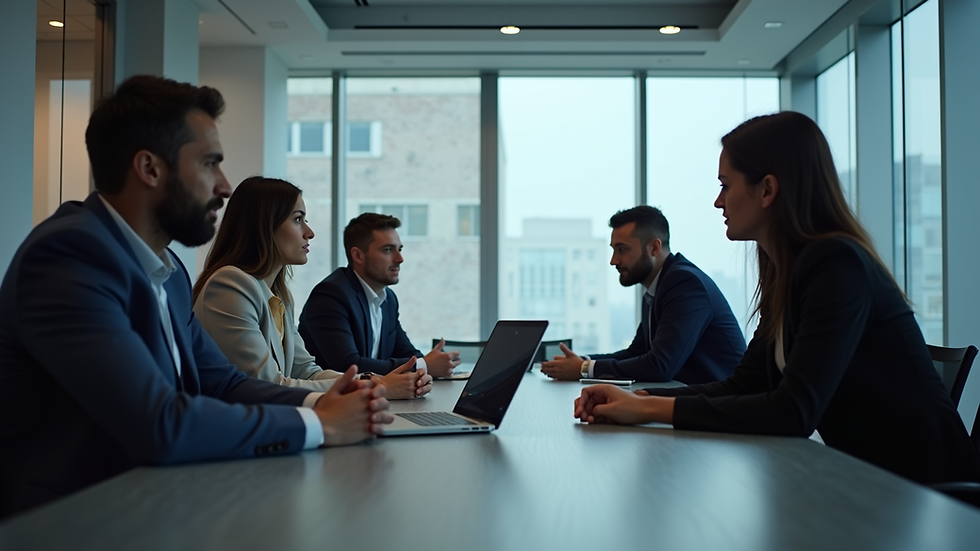 Eye-level view of a business team discussing AI strategy around a conference table