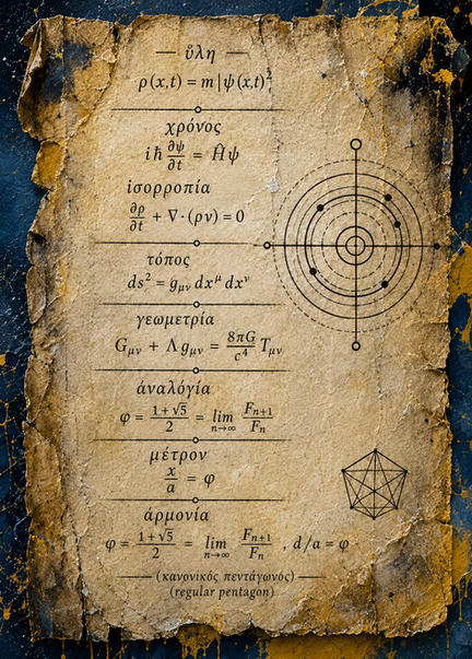 Plato’s Demiurge by Félix Rubio, an abstract blue, white, ochre and black painting with a dark central vortex and a parchment of mathematical formulas.