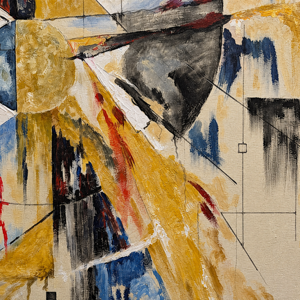 Geometric detail of Spinoza’s Conatus where fragmented planes, lines and painted matter reorganize into a visual metaphor for conatus, continuity and self-preservation.