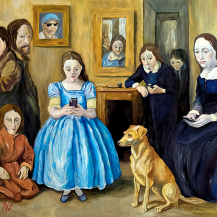Contemporary figurative oil painting inspired by Velázquez’s Las Meninas, depicting figures gathered around the glow of smartphones in a modern interior.