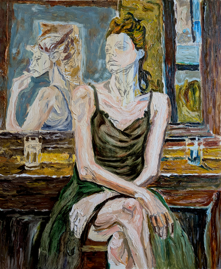 Expressive impasto oil painting of a seated woman drinking absinthe beside a mirror reflection, featuring textured brushwork, elongated hands, distorted reflection, and a moody interior inspired by historic absinthe paintings and bohemian café culture.desarrollo: "La bebedora de absenta". Félix Rubio. 2023.