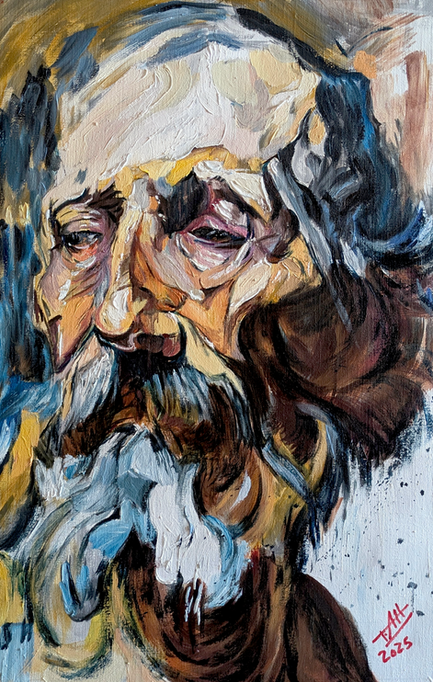 Expressive oil painting of Diogenes the Cynic with thick impasto, distorted features and earthy tones, conveying philosophical intensity and raw human presence.