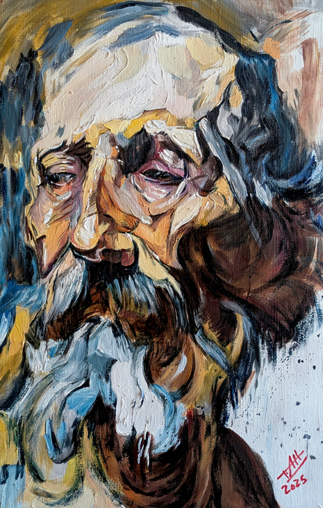 Expressive oil painting of Diogenes the Cynic with thick impasto, distorted features and earthy tones, conveying philosophical intensity and raw human presence.