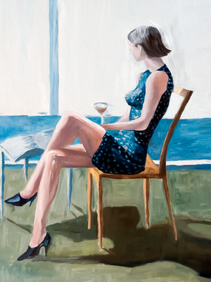 Woman in a dark blue dress seated by the sea with a glass in her hand, bathed in Mediterranean light and deep shadows, oil painting by Félix Rubio.