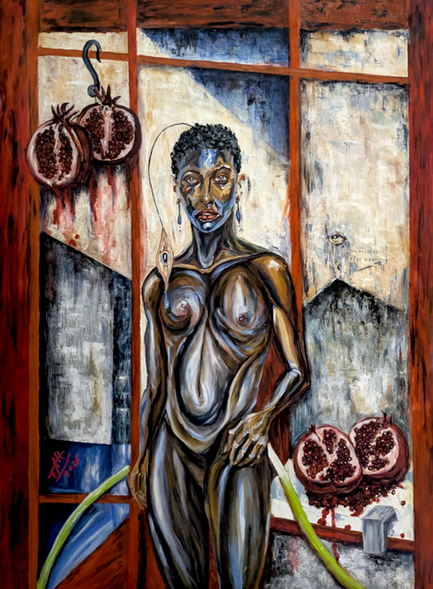 contemporary expressionist painting, symbolic figurative art, semi abstract female portrait, pomegranate symbolism, philosophical painting, Egyptian inspired artwork, mixed media on canvas, original art by Félix Rubio, collectible contemporary art.