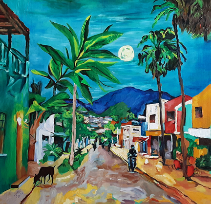 Colorful street scene with palm trees and mountains.