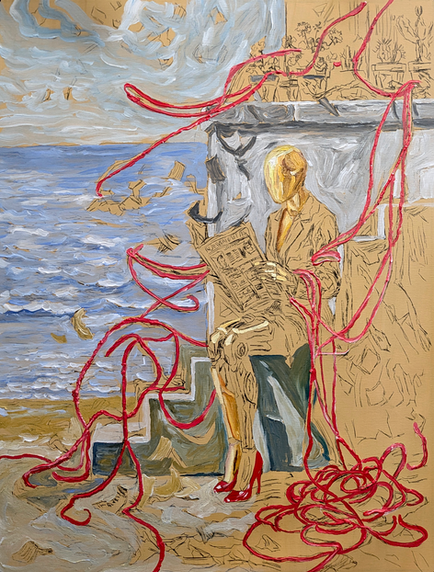 Expressive oil painting of a mannequin-like woman reading a newspaper by the sea, surrounded by flowing red cables and flying