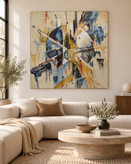 Spinoza’s Conatus displayed in a contemporary minimalist interior, showing the scale of the 110 × 110 cm painting and its architectural presence while evoking persistence and inner force.